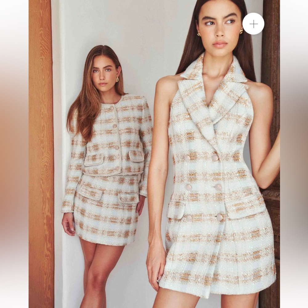 elliatt ashlyn white blue & gold long sleeve metallic tweed mini skirt set small - Picture 13 of 14